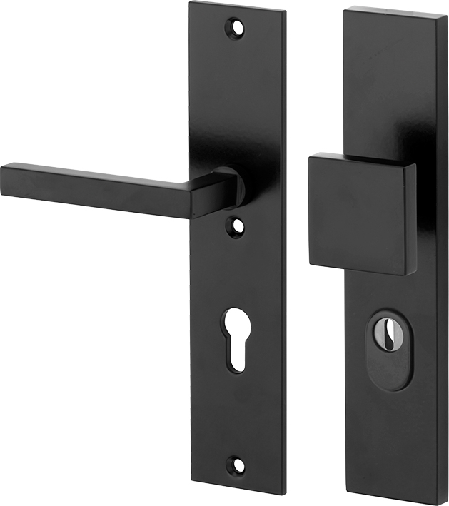 312.0080.07  Haustür Langschildgarnitur im 20er Jahre Stil Knauf/Klinke mit Kernziehschutz Messing pulverbeschichtet schwarz 72L