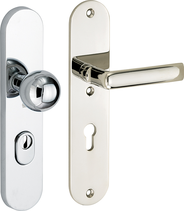 312.0102.13 Haustür Langschildgarnitur im 20er Jahre Stil  Knauf/Klinke mit Kernziehschutz Messing vernickelt/verchromt poliert  92R 312.0102.13 Haustür Langschildgarnitur im 20er Jahre Stil  Knauf/Klinke mit Kernziehschutz Messing vernickelt/verchromt poliert  92R