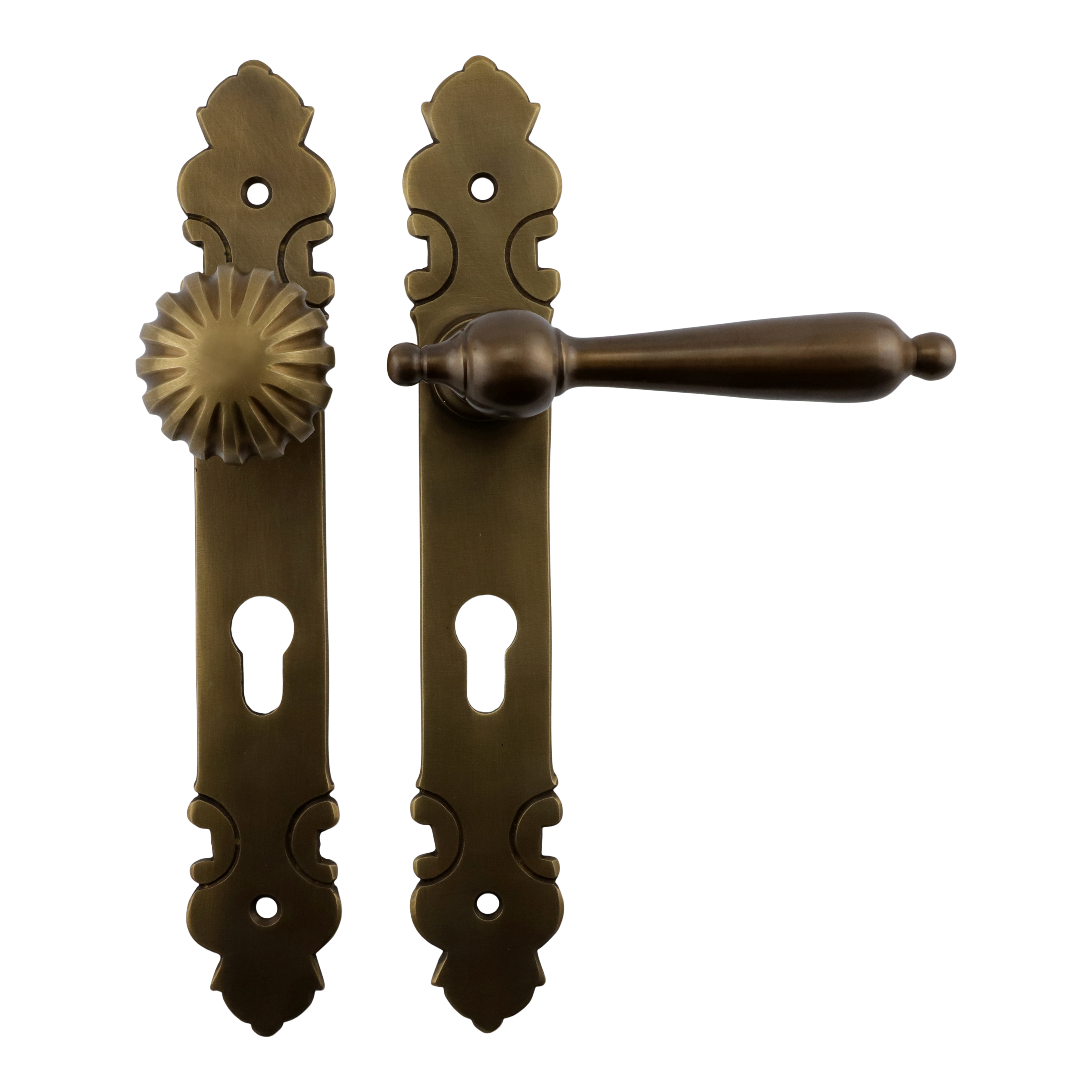 312.0005.45 Haustür-Garnitur Türgriffe mit Knauf Messing patiniert Biedermeier PZ 72 mm 312.0005.45 Haustür-Garnitur Türgriffe mit Knauf Messing patiniert Biedermeier PZ 72 mm